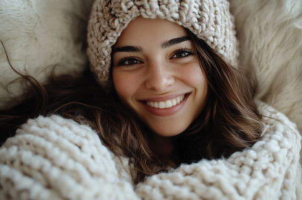 A young woman with long, wavy hair smiles warmly at the camera, wearing a cozy, a Person Photo by Textures & Backgrounds