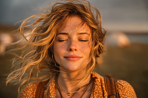 Smiling young woman with freckles and wavy blonde hair in golden, a Person Photo by José Manuel Gelpi