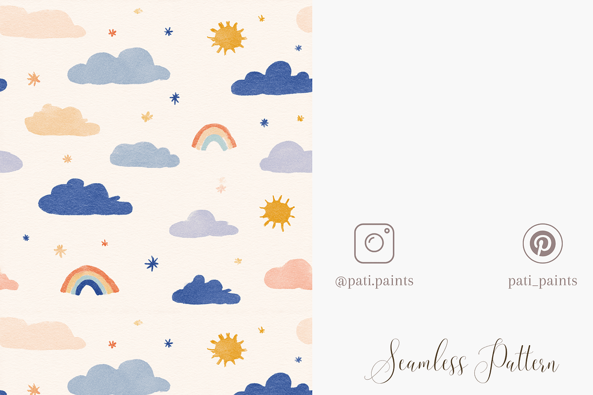 Cute Rainbow Clouds Seamless Pattern PNG for Kids