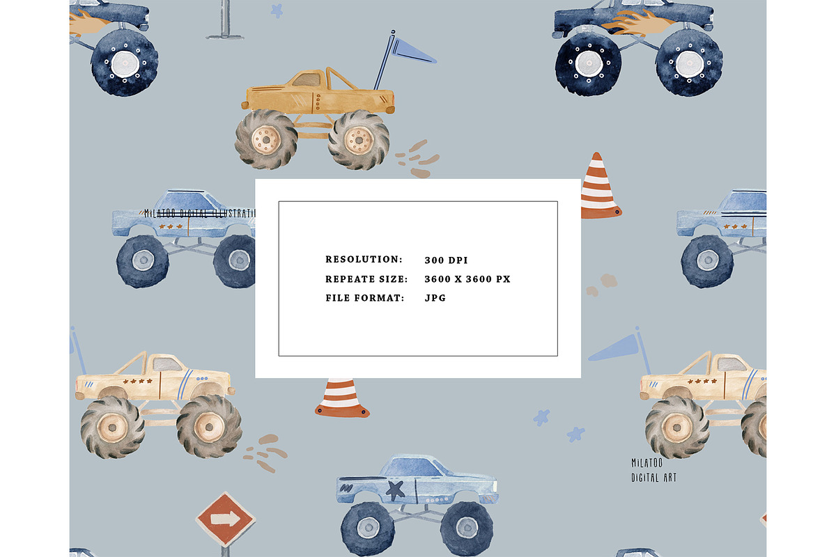 Truck Racing seamless pattern boy, a Pattern Graphic by Milatoo (Photo 5 of 5)