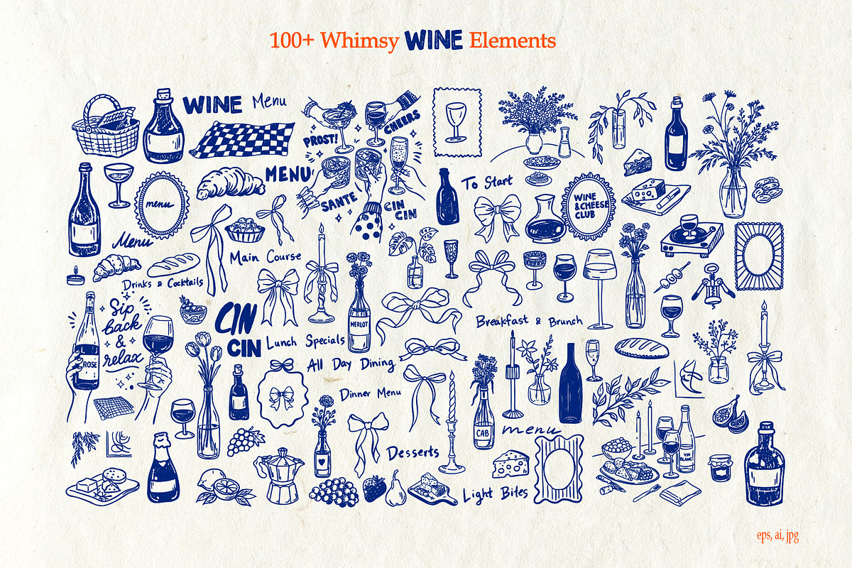 Whimsical Wine Doodle Pack, a Food Illustration by SunnJaneArt (Photo 2 of 16)