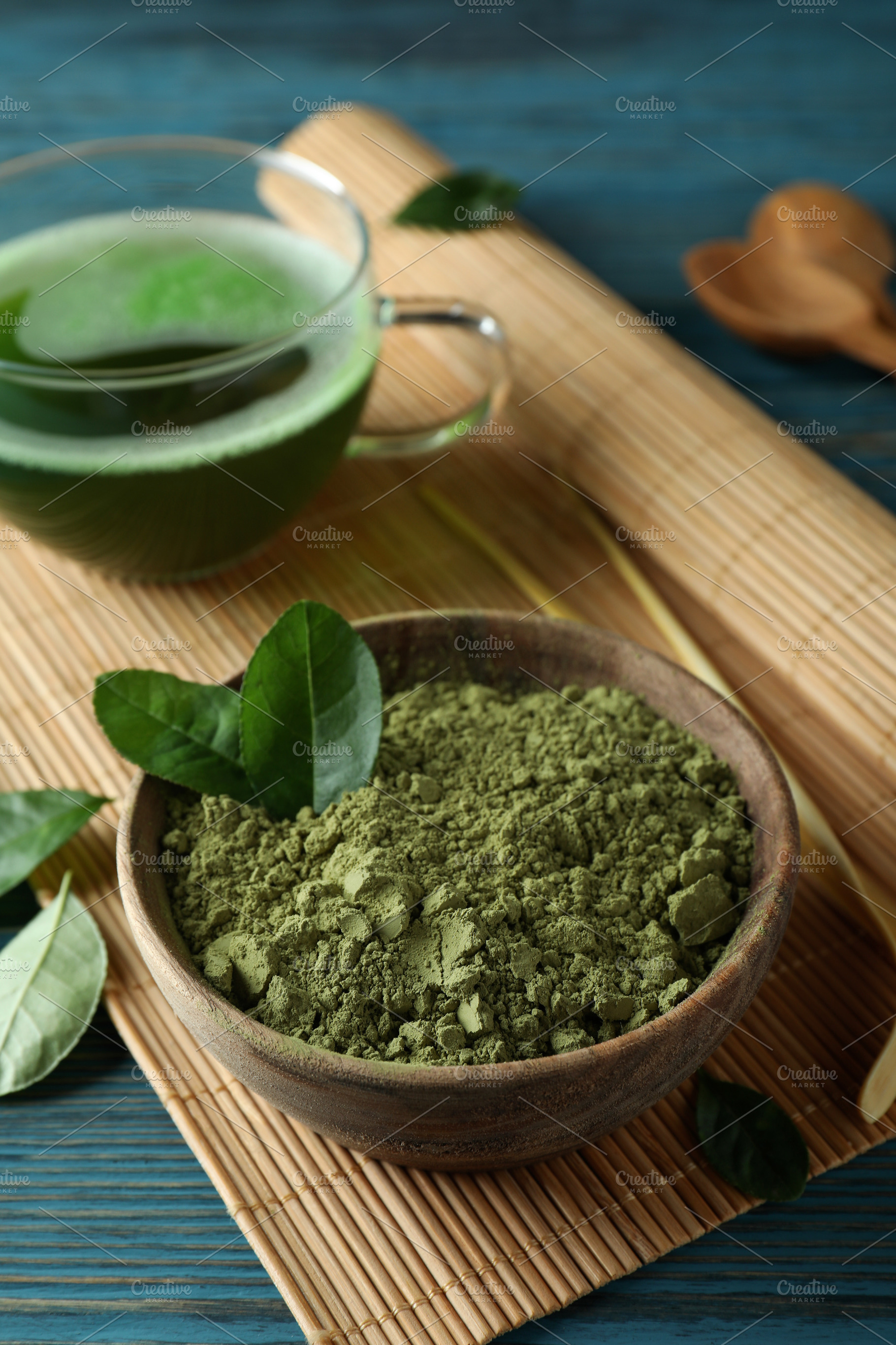 Concept of japanese tea with matcha on blue wooden table, a Food & Drink Photo by AtlasStudio PRO