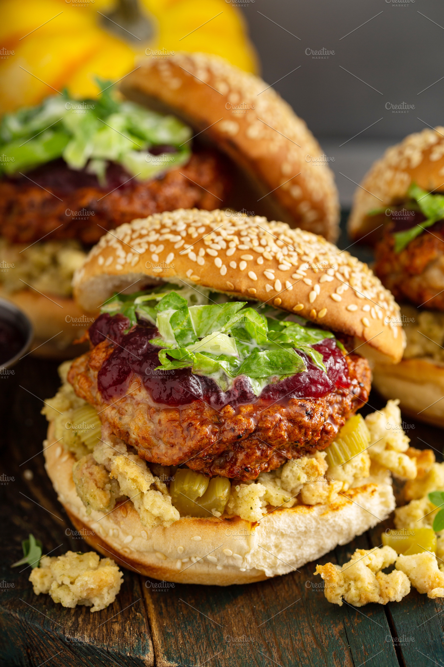 Turkey burgers with stuffing and cranberry sauce, a Food & Drink Photo by farwasser