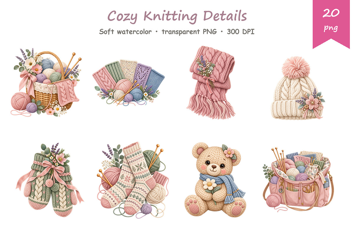 Watercolor Knitting Clipart, a Decorative Illustration by BerryPieArt (Photo 3 of 4)