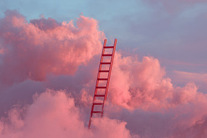 Ladder reaching into pink clouds, a Photo by Beautiful things