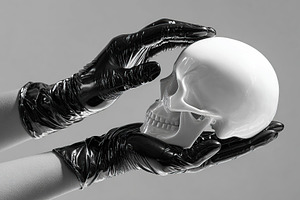 Holding a white skull in gloved hands against a neutral background, a Photo by AlyaAnd