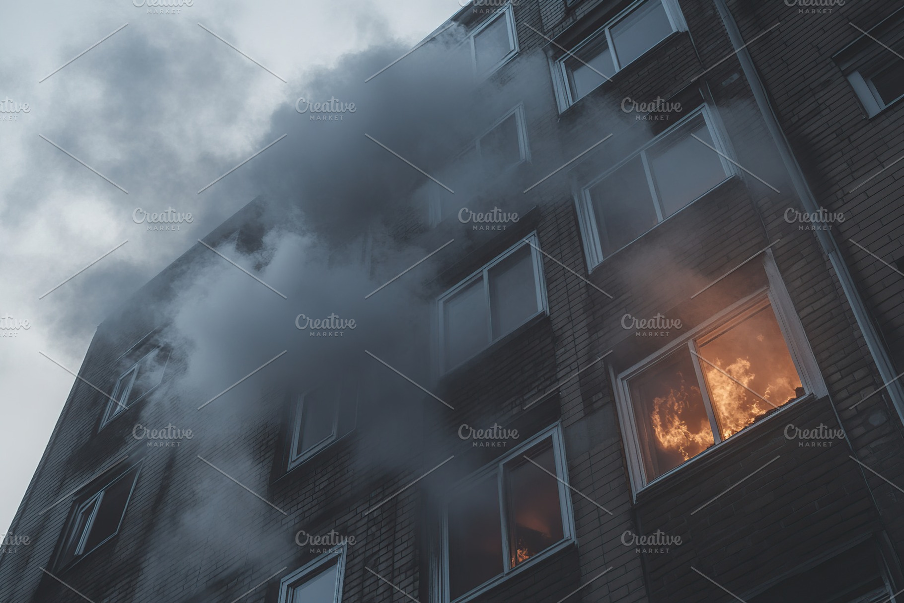 Apartments in high building with smoke and fire, an Architecture Photo by AlyaAnd