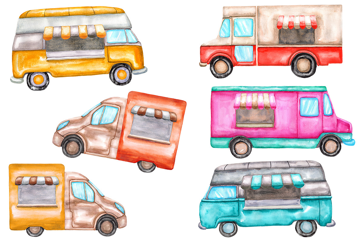 Watercolor food trucks and carts, a Food Illustration by Olha's watercolor (Photo 3 of 10)