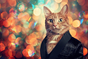 Cute ginger cat in costume on blurred lights background, an Animal Photo by AlyaAnd
