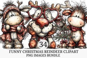 Funny Christmas Reindeer Clipart, an Illustration by Craft Nest