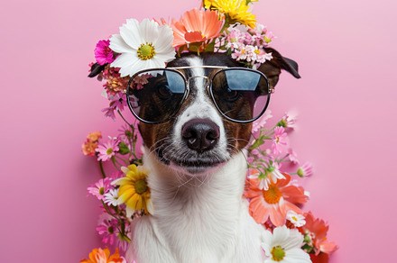 Fashion-Forward Pooch Poses with Floral Flair and Shades - Generative AI, an Animal Photo by José Manuel Gelpi
