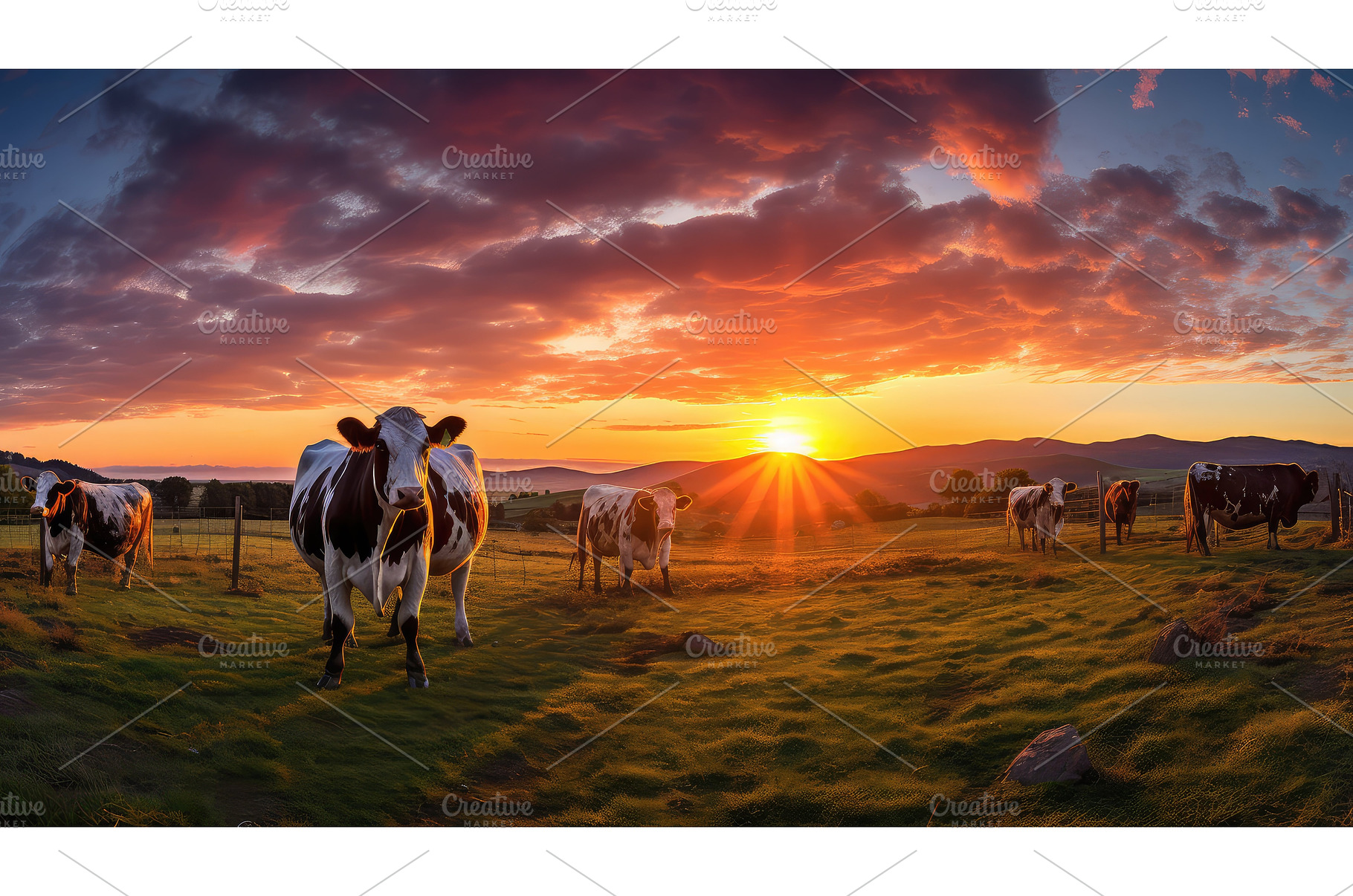 grazing cows sunset ai generated, a Nature Photo by pikepicture