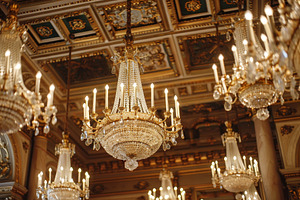Intricate chandelier suspended from, a Photo by Iftikhar Alam