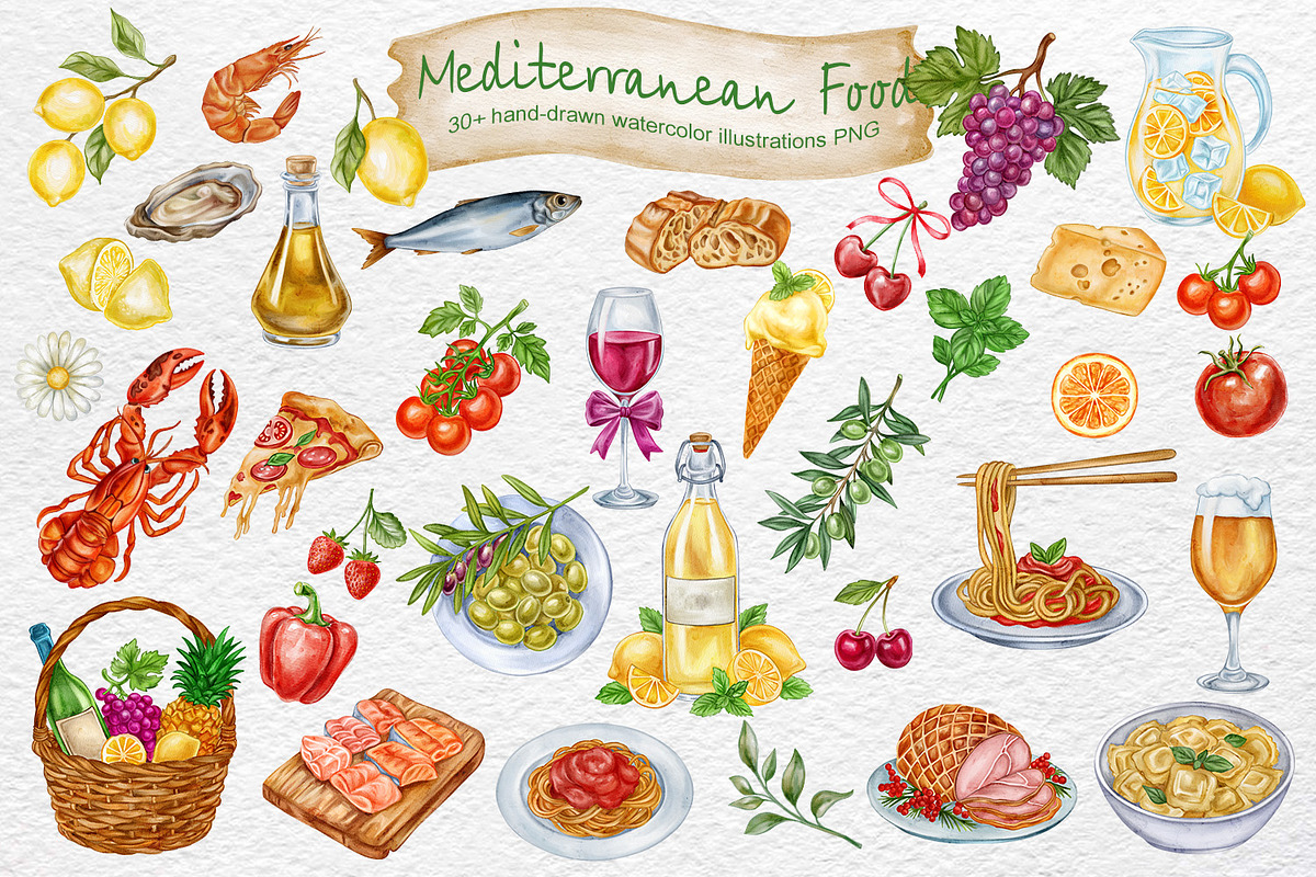 Mediterranean Food Watercolor, a Food Illustration by Watercolor dreams (Photo 2 of 3)