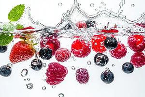 Different berries falling into water on white background, a Food & Drink Photo by AlyaAnd