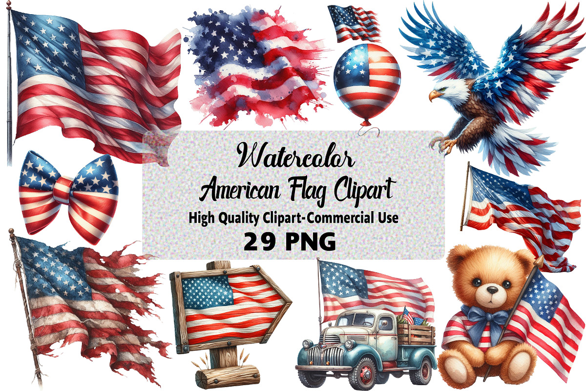 Watercolor American Flag Clipart, an Illustration by Daily.Designs (Photo 1 of 5)