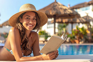 Smiling Woman Reading by Sunny Poolside, a Sports & Recreation Photo by Davizro's Market