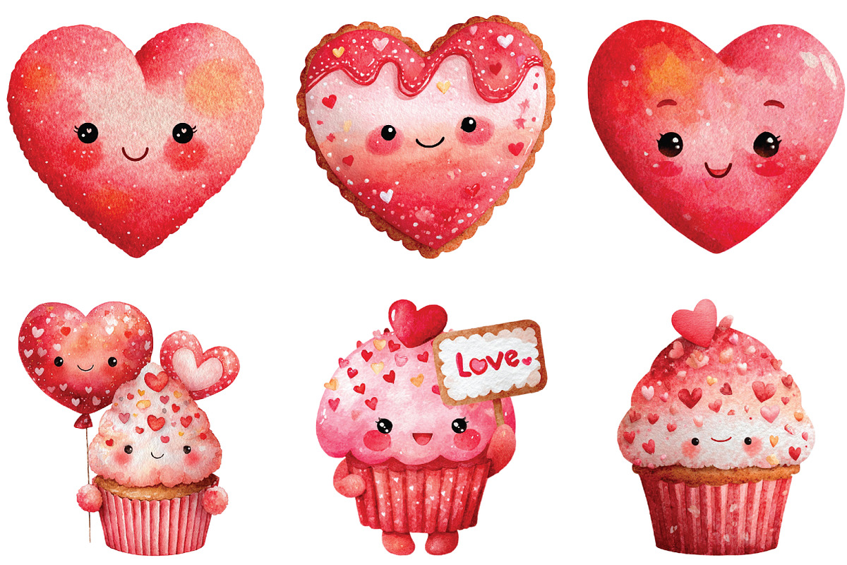 Watercolor Kawaii Valentine Clipart, an Illustration by CraftArtStudio (Photo 3 of 6)