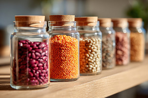 Reusable glass jars filled with dry grains showcased on a wooden shelf in a wel, a Food & Drink Photo by AlyaAnd