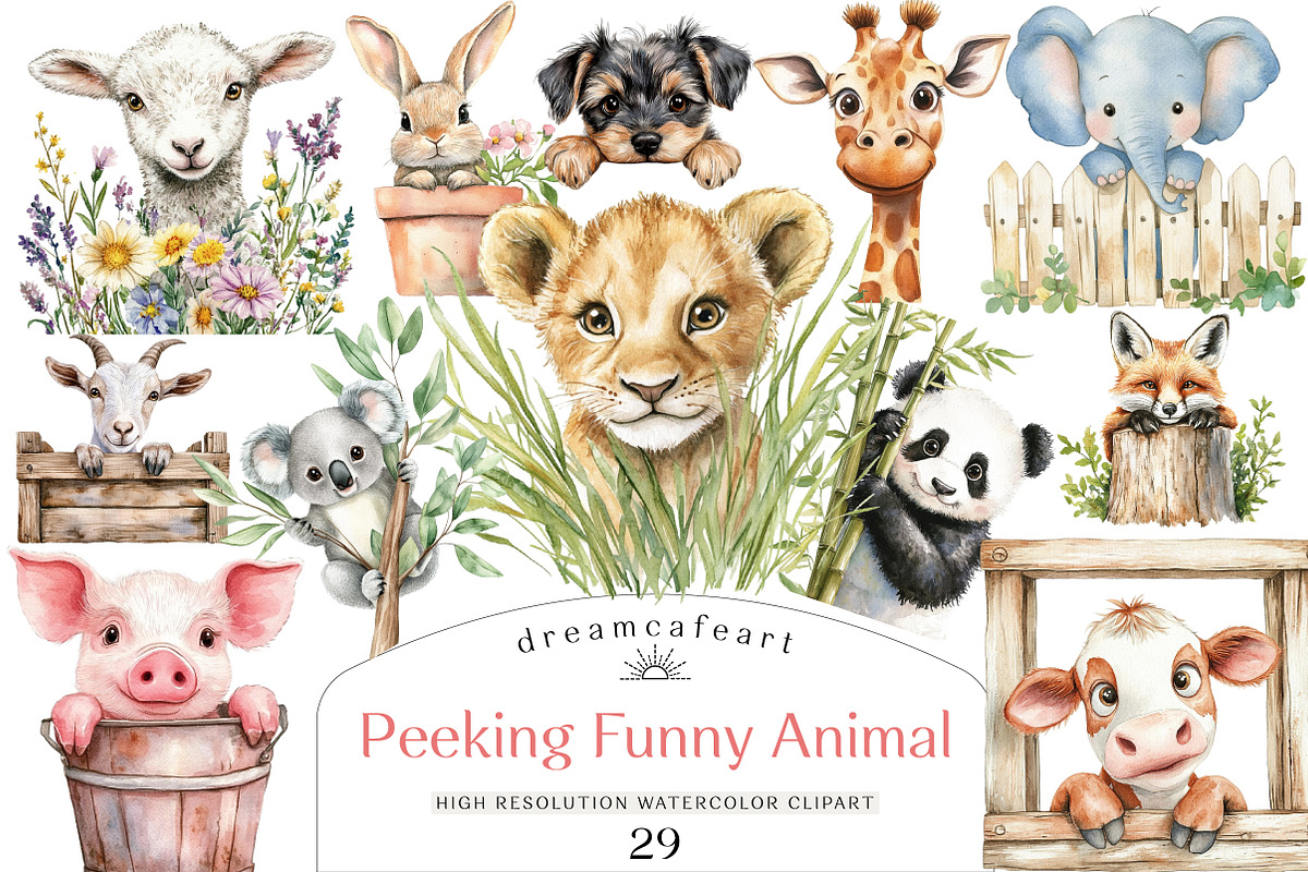 Funny Cute Animal Peeking Clipart, an Illustration by DreamCafeArt (Photo 1 of 6)