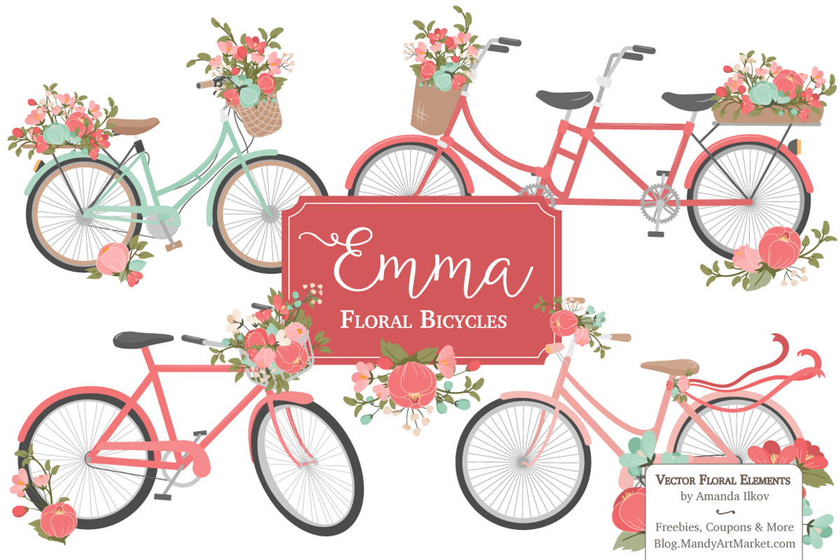 Mint & Coral Floral Bicycles, an Illustration by Amanda Ilkov (Photo 1 of 5)