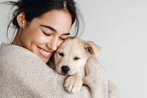 Smiling woman lovingly holds puppy, an Animal Photo by MistyDay