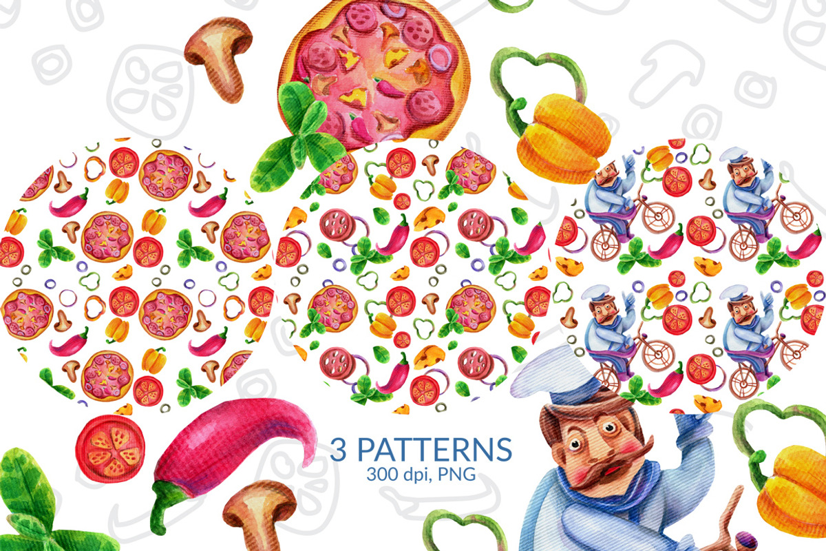 Watercolor elements of PIZZA, a Food Illustration by Olha Kalyta (Photo 4 of 6)