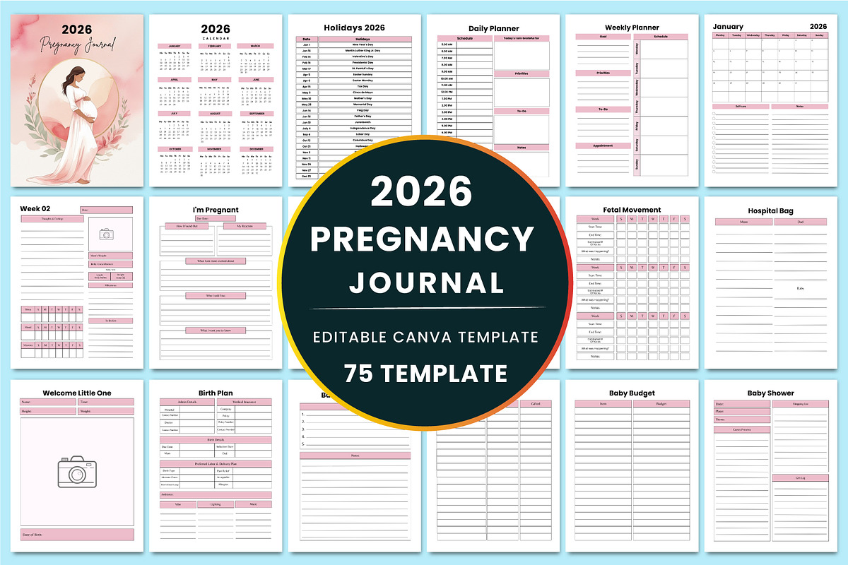 2026 Pregnancy Journal For Canva KDP, a Stationery Template by Shumaya (Photo 1 of 9)