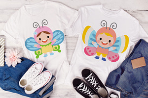 Kids Wearing Butterfly, Flat Clipart