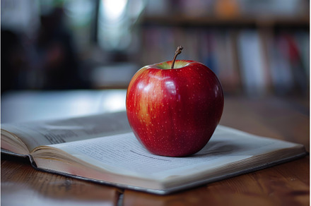 Red apple resting on top of open, a School & Education Photo by Ylivdesign