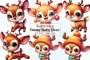 Watercolor Funny Baby Deer Clipart, an Illustration by CraftArtStudio (Thumbnail 1 of 6)