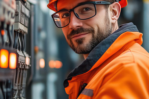 A smiling male relay protection and automation engineer worker in an orange saf, a Person Photo by Textures & Backgrounds