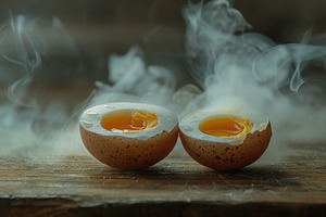 Hot boiled eggs with steam on wooden table, a Food & Drink Photo by AlyaAnd