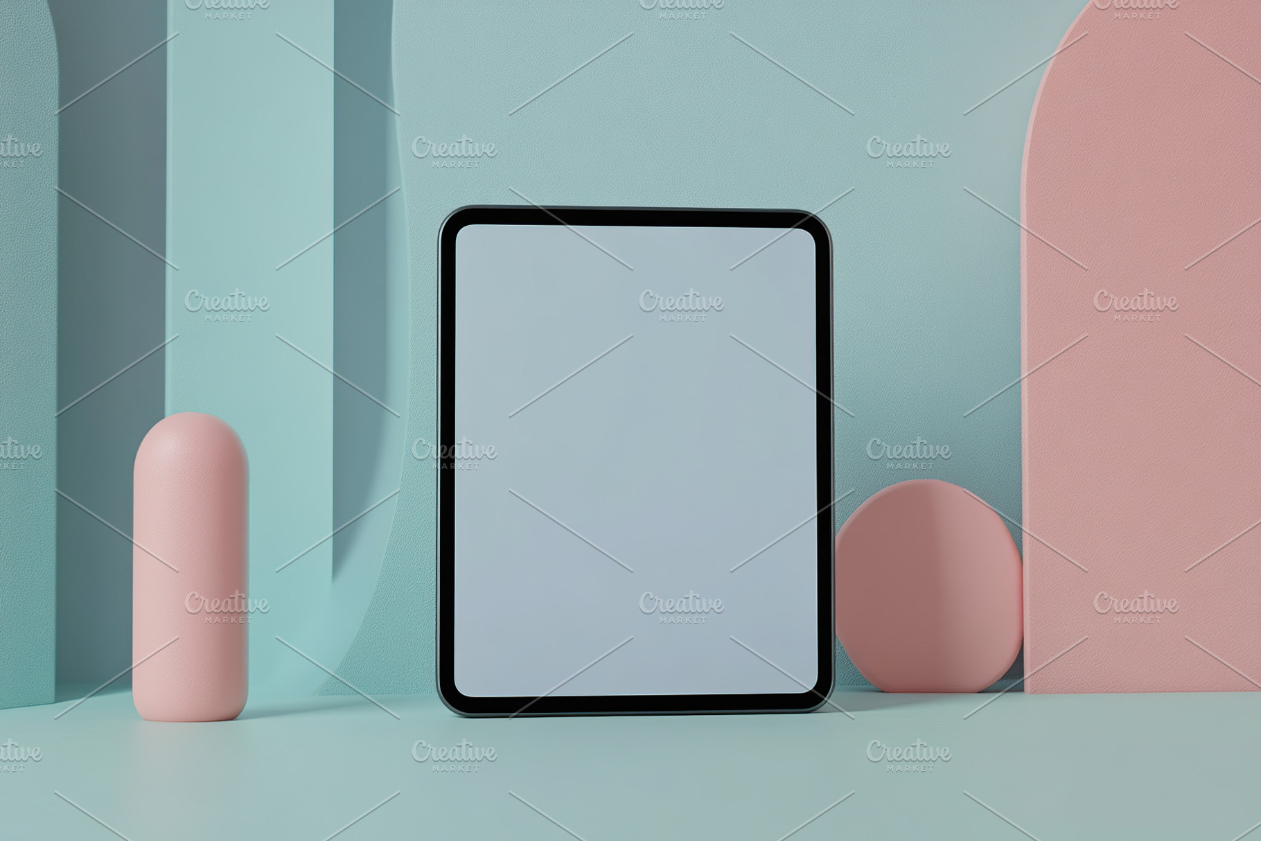 Blank tablet screen displayed on a pastel grey and colorful abstract background, a Technology Photo by AlyaAnd