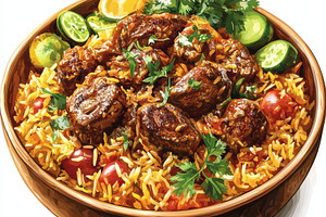 Delicious lamb biryani garnished wit, a Food & Drink Photo by Pixeness Studio