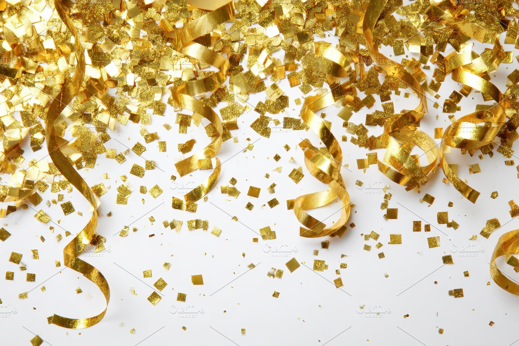 Golden confetti and ribbons festive, a Photo by Pixeness Studio