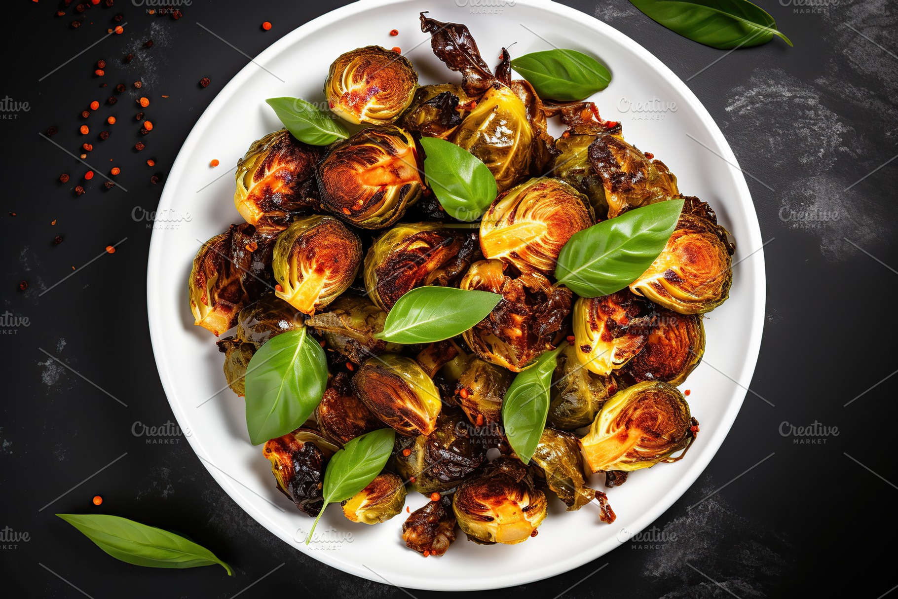 Fried brussels sprout vegetable in plate on dark background, a Food & Drink Photo by AlyaAnd