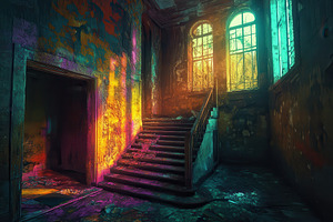 Abandoned Building Staircase Vibrant, a Photo by Pixeness Studio