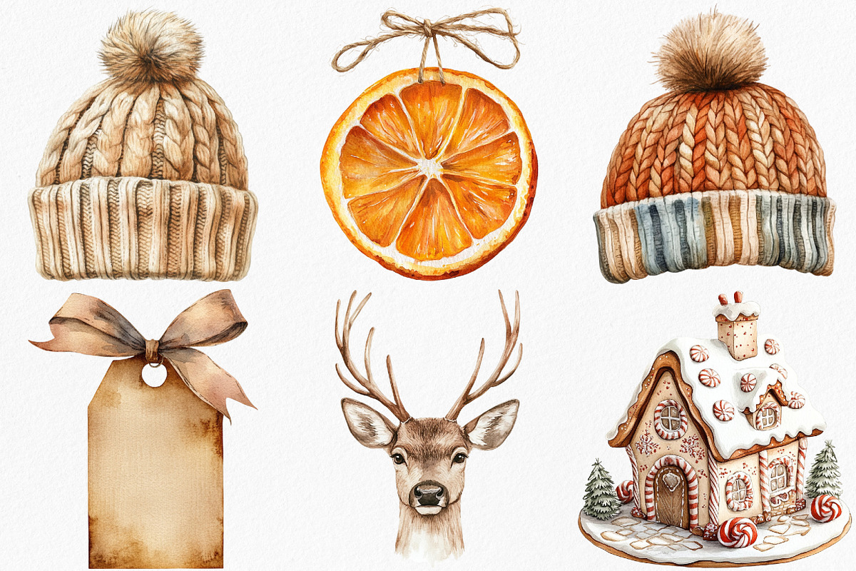 Watercolor Neutral Christmas Clipart, an Illustration by Canvas Craft (Photo 3 of 8)