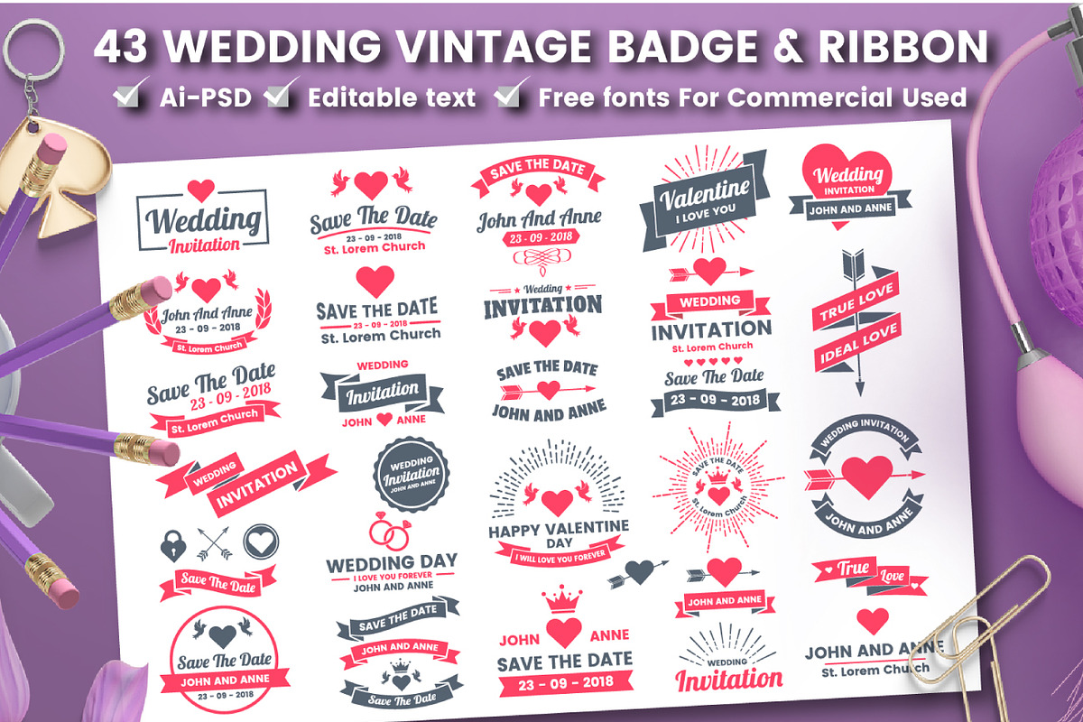 43 WEDDING VINTAGE BADGE & RIBBON, an Invitation Template by Toonsteb (Photo 14 of 14)