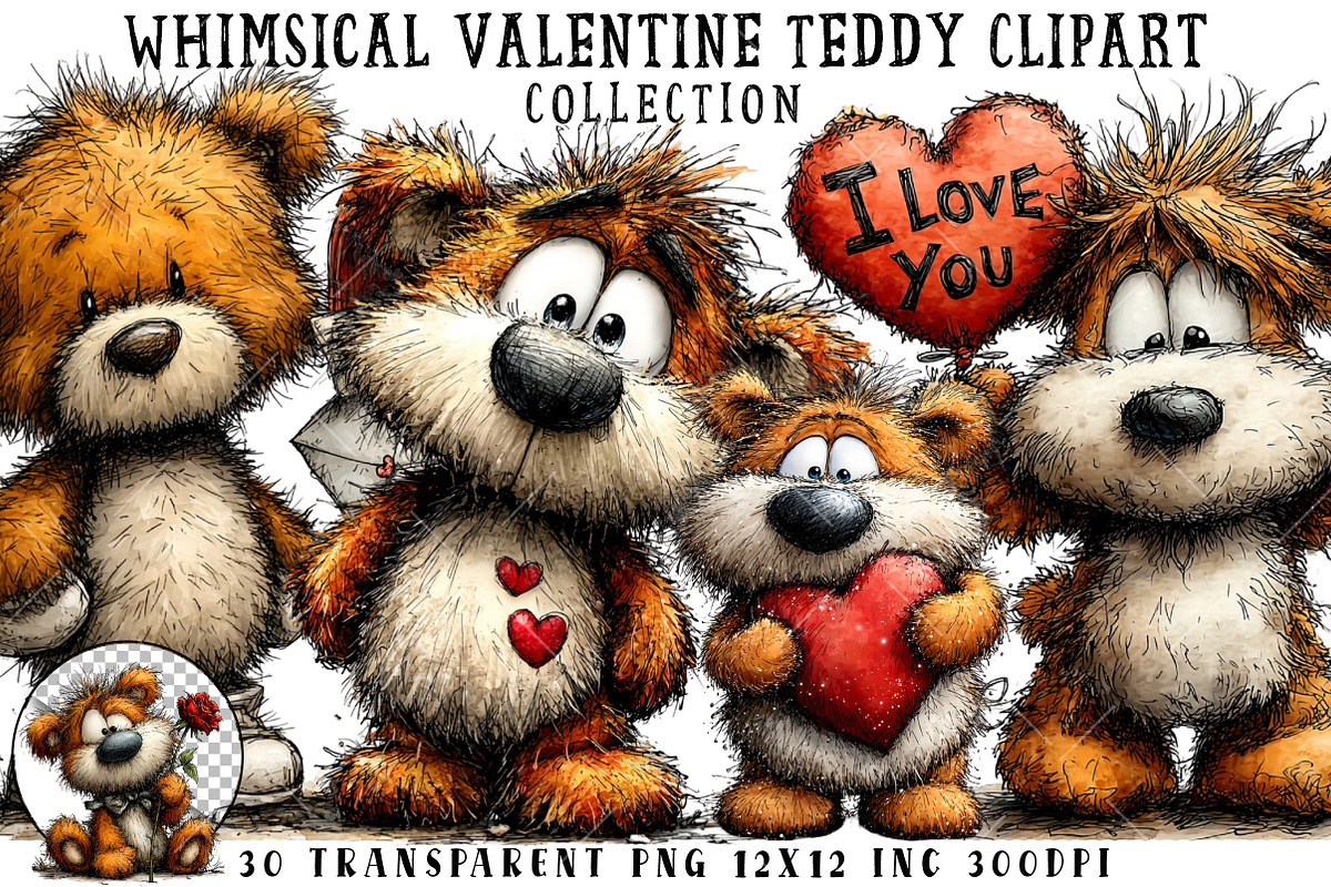 Whimsical Valentine Teddy Clipart, an Illustration by OK Design (Photo 1 of 6)