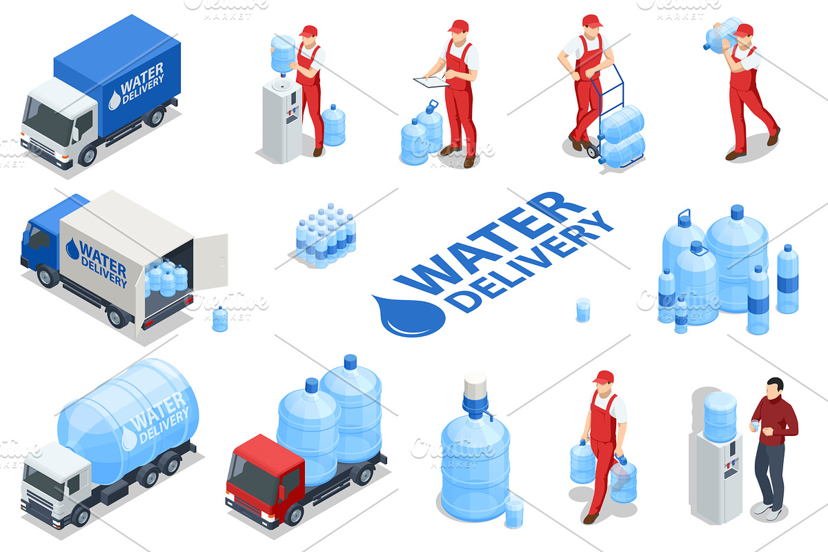Isometric water delivery man, cooler, a Transportation Illustration by Golden Sikorka