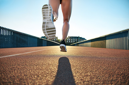 Bare legged jogger bounds towards apartments, a Sports & Recreation Photo by Stefan & Janni