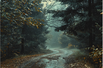 Serene and misty path through an, a Nature Photo by Ylivdesign