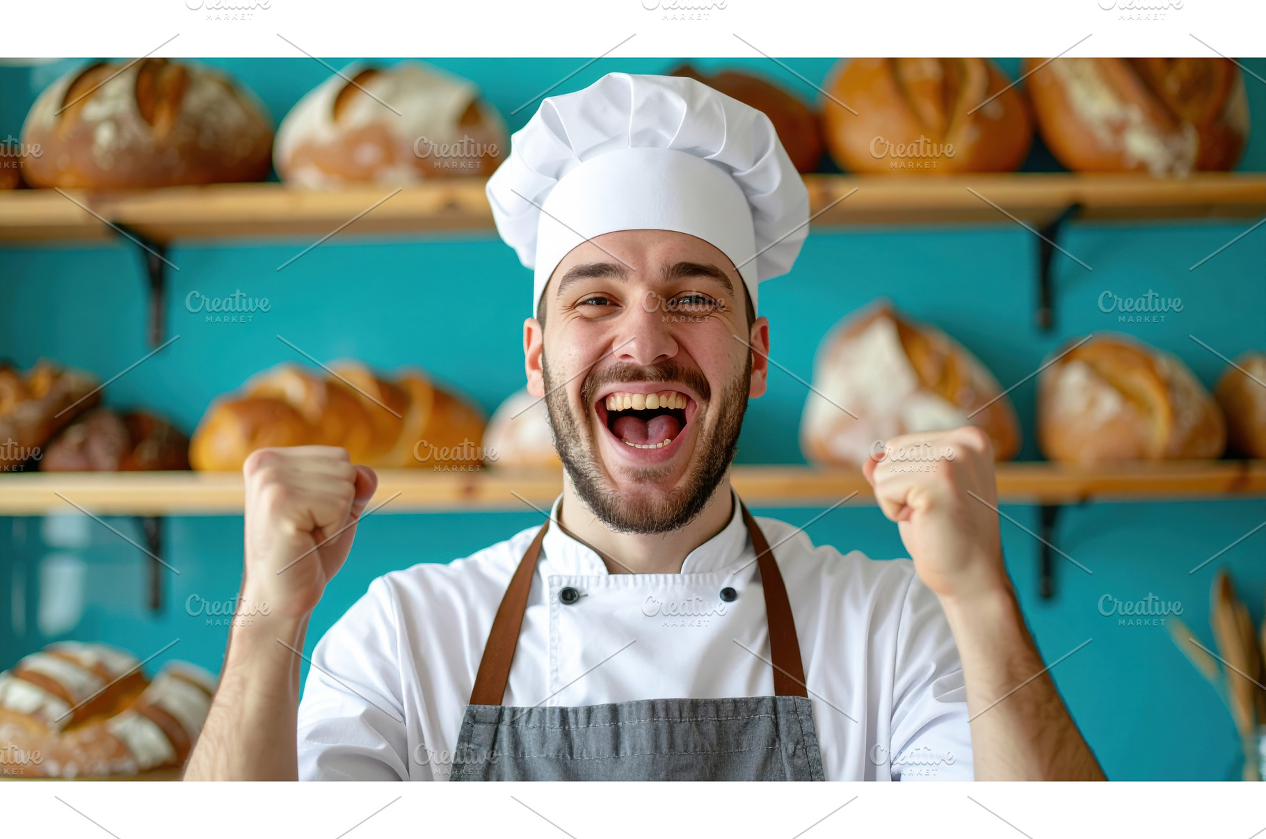 A smiling baker celebrates in front, a Food & Drink Photo by Igor Tichonow