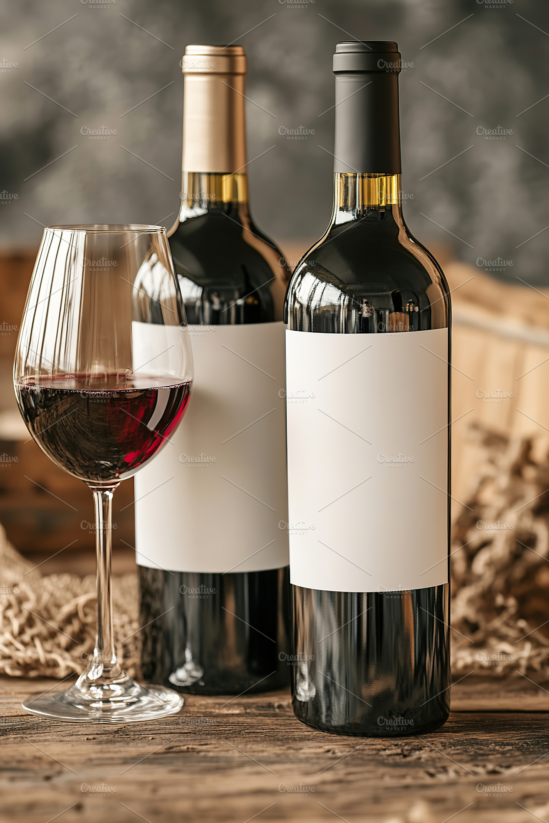 Two bottles of red wine with a glass on rustic wooden table, a Food & Drink Photo by AlyaAnd