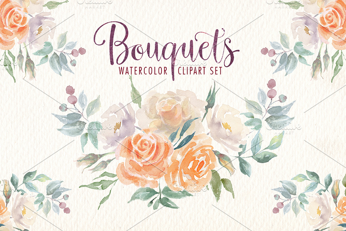 Watercolor bouquets clipart set, an Illustration by Art & Things (Photo 3 of 5)