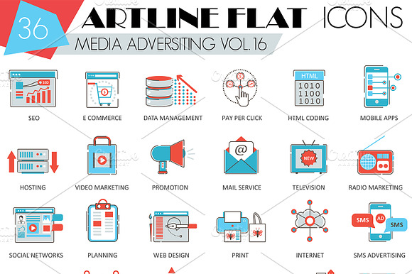 36 Media Advertising Flat Line Icons