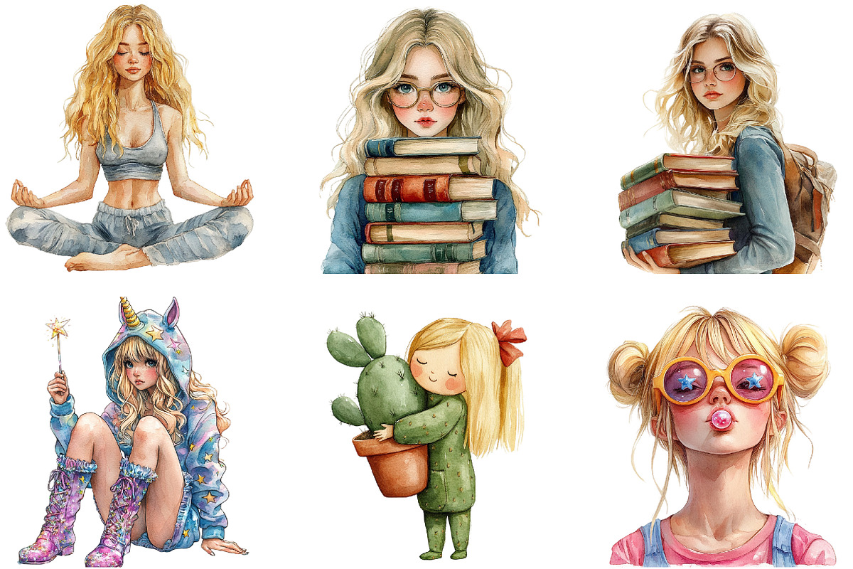Watercolor Blonde Quirky Girl, a Seasonal Illustration by DreamArtGraphic (Photo 2 of 4)