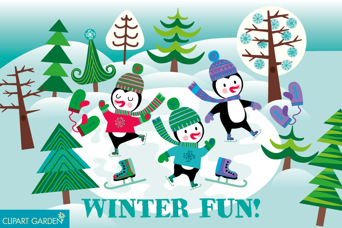 Ice skater penguins in winter., an Illustration by CLIPART GARDEN